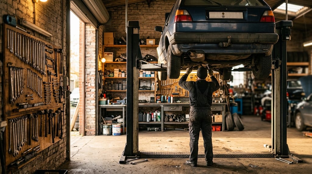 Kfz-Werkstatt mit Hebebühne: Ein Mechaniker arbeitet unter einem angehobenen Auto, links hängt Werkzeug an der Wand (Symbolbild)