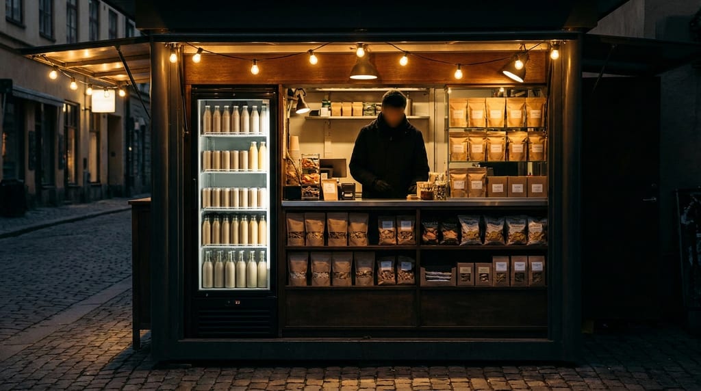 Kleiner Kiosk mit beleuchteter Auslage an einer Kopfsteinpflasterstraße am Abend, links ein Getränkekühlschrank (Symbolbild)