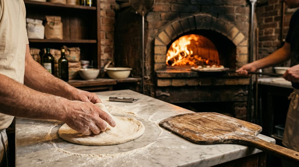 Mani che stendono un panetto di impasto su un piano di marmo infarinato; sullo sfondo un forno a legna con la fiamma accesa, accanto una pala di legno (immagine d’atmosfera)