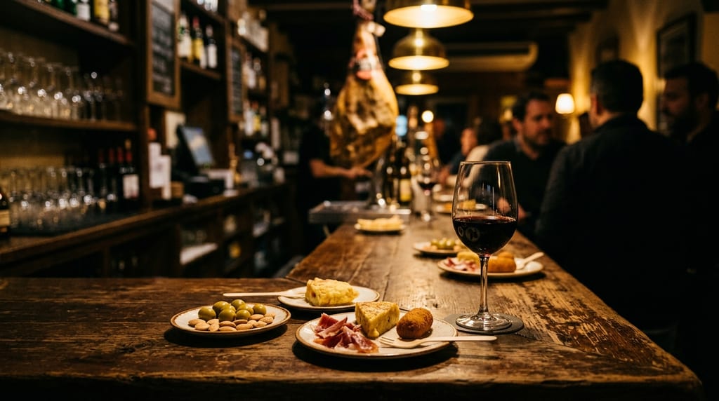 Barra de madera de un bar de tapas con platos de aceitunas y almendras, tortilla, queso, jamón y una croqueta, una copa de vino tinto y un jamón curado colgado al fondo, con personas desenfocadas (imagen de ambiente)