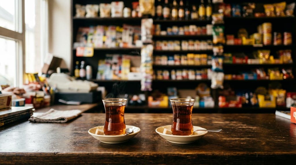 Rafları paketli ürünlerle dolu bir dükkânın ahşap tezgâhında, tabaklarında kesme şekerle iki ince belli bardak çay (sembolik görsel)