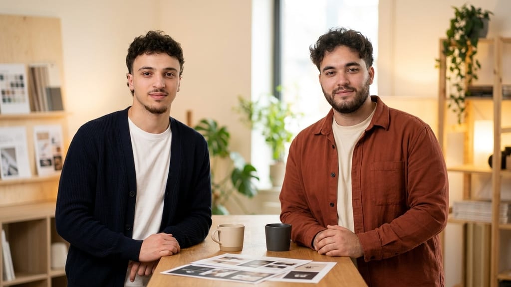 Yusuf und Salah Makhu stehen an einem Holztisch in einem hellen Arbeitsraum, vor ihnen zwei Tassen und ausgedruckte Entwürfe in Schwarz und Creme (Symbolbild)