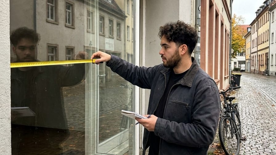 Yusuf Makhu misst mit einem Maßband die Scheibe eines Schaufensters aus und notiert die Maße (Symbolbild)