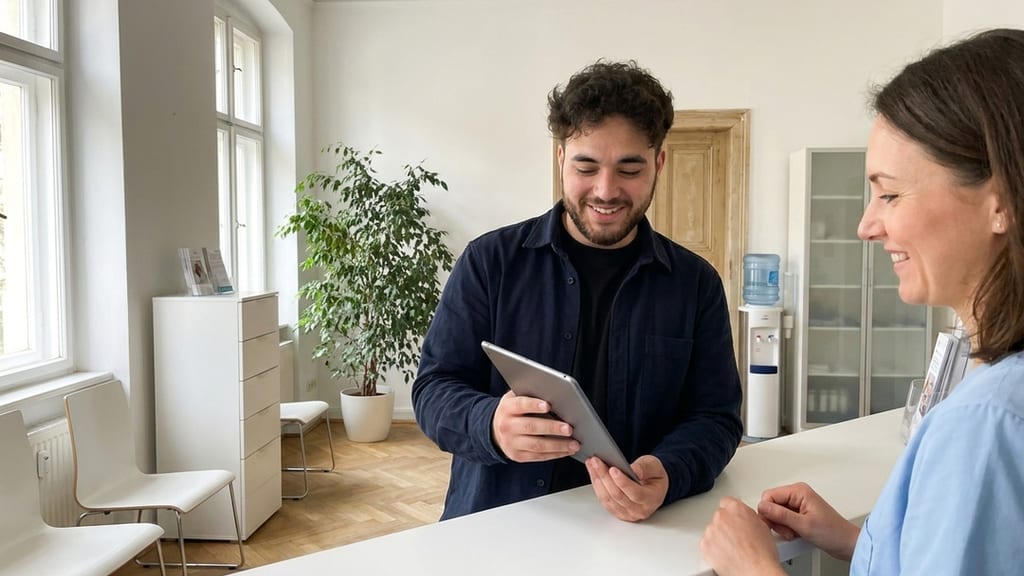 Yusuf Makhu steht an einem Empfangstresen und schaut lächelnd auf ein Tablet, hinter dem Tresen lächelt eine Frau in hellblauer Kleidung (Symbolbild)