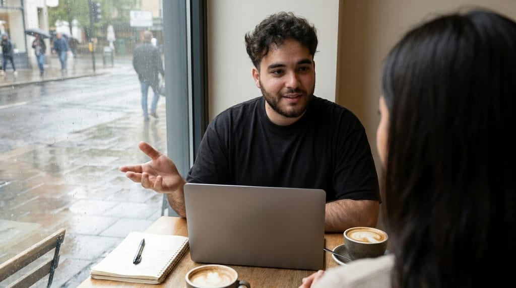 Yusuf Makhu sitzt in einem Café am Laptop und erklärt etwas, ihm gegenüber sitzt jemand mit dem Rücken zur Kamera (Symbolbild)