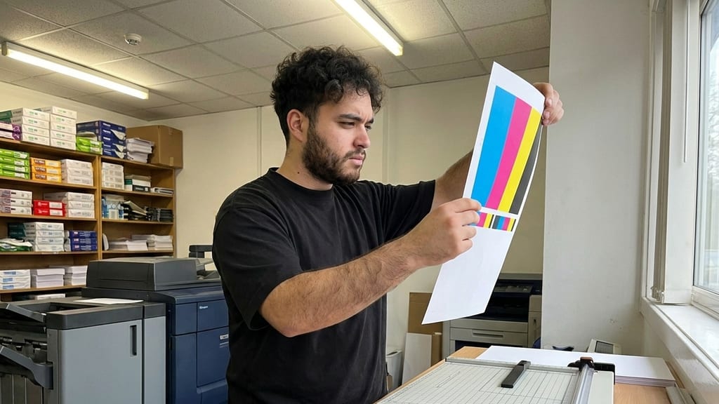 Yusuf Makhu prüft einen Farbandruck mit Balken in Cyan, Magenta, Gelb und Schwarz, auf dem Tisch ein Papierschneider und Papier (Symbolbild)