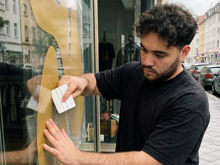 Yusuf Makhu klebt mit einem Rakel eine goldene Folie auf eine Schaufensterscheibe (Symbolbild)