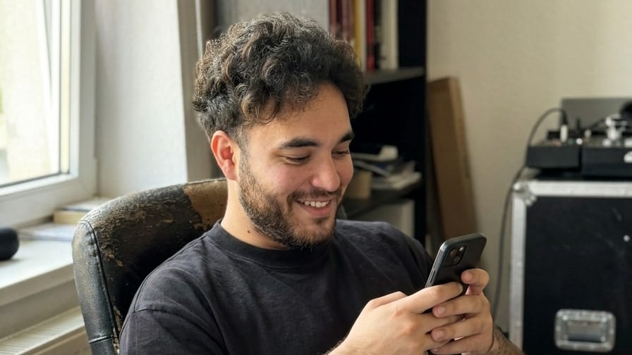 Yusuf Makhu schreibt lächelnd eine Nachricht auf dem Smartphone (Symbolbild)