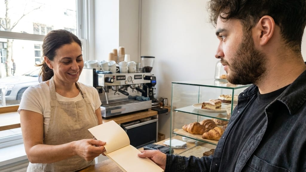 Yusuf Makhu reicht an einer Café-Theke eine aufgeklappte Karte über den Tresen, eine Frau in Schürze nimmt sie lächelnd entgegen (Symbolbild)