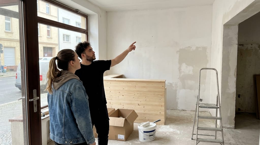 Yusuf Makhu zeigt in einem leeren Ladenlokal mit Leiter und Farbeimer auf eine Wand, neben ihm schaut eine Frau hin (Symbolbild)