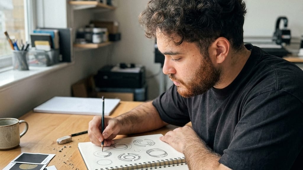 Yusuf Makhu zeichnet mit Bleistift Varianten eines runden Logos in ein Skizzenbuch, daneben Musterkarten in Schwarz und Gold (Symbolbild)