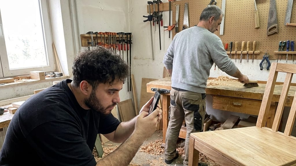 Yusuf Makhu fotografiert in einer Schreinerei mit dem Smartphone einen neuen Holzstuhl, im Hintergrund räumt ein Schreiner die Werkbank auf (Symbolbild)