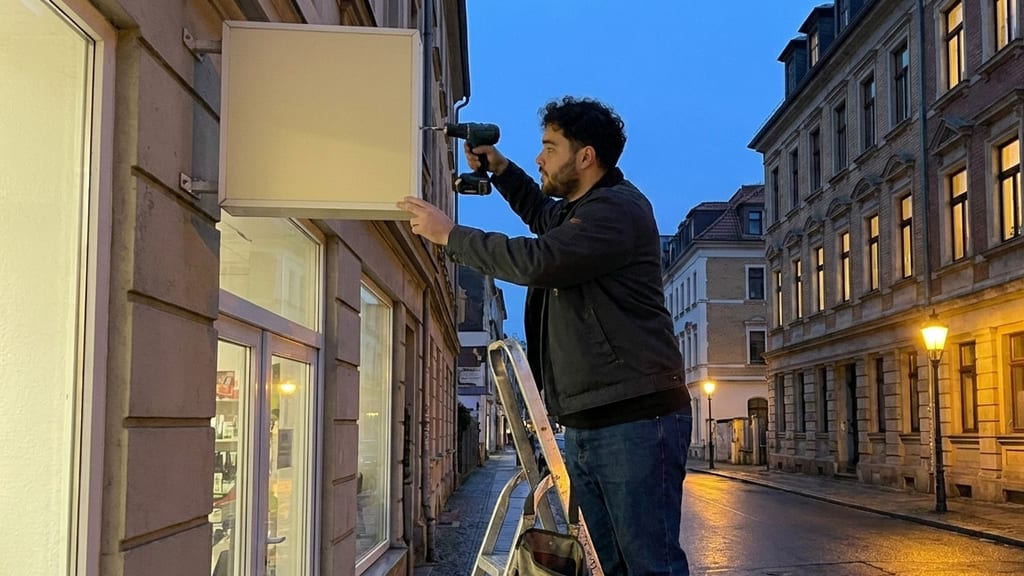Yusuf Makhu steht in der Abenddämmerung auf einer Leiter und schraubt einen noch leeren Leuchtkasten an eine Ladenfassade (Symbolbild)