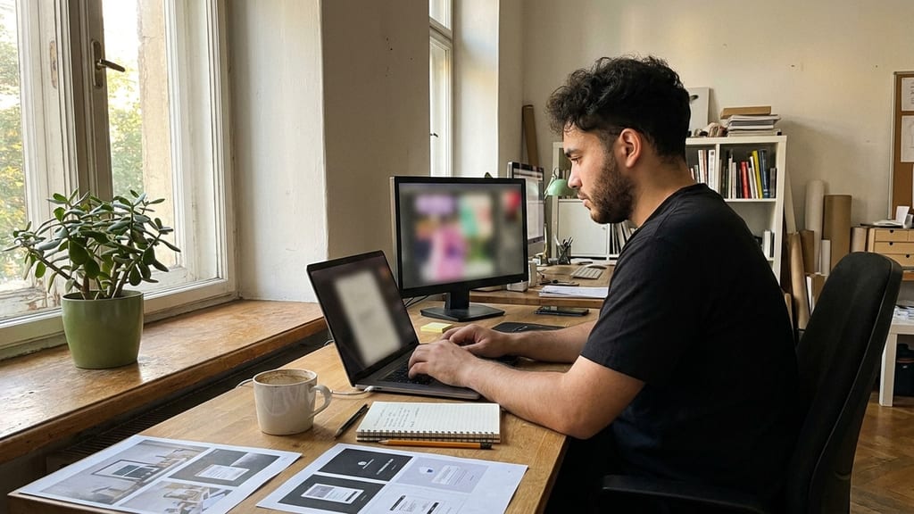 Yusuf Makhu arbeitet am Laptop an einem Website-Entwurf, auf dem Schreibtisch liegen ausgedruckte Seitenentwürfe und ein Notizblock (Symbolbild)