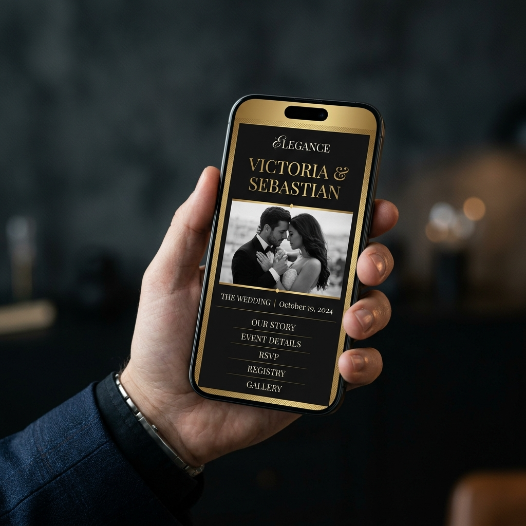 Invitación digital Maison Riviere mostrando diseño dorado sobre negro