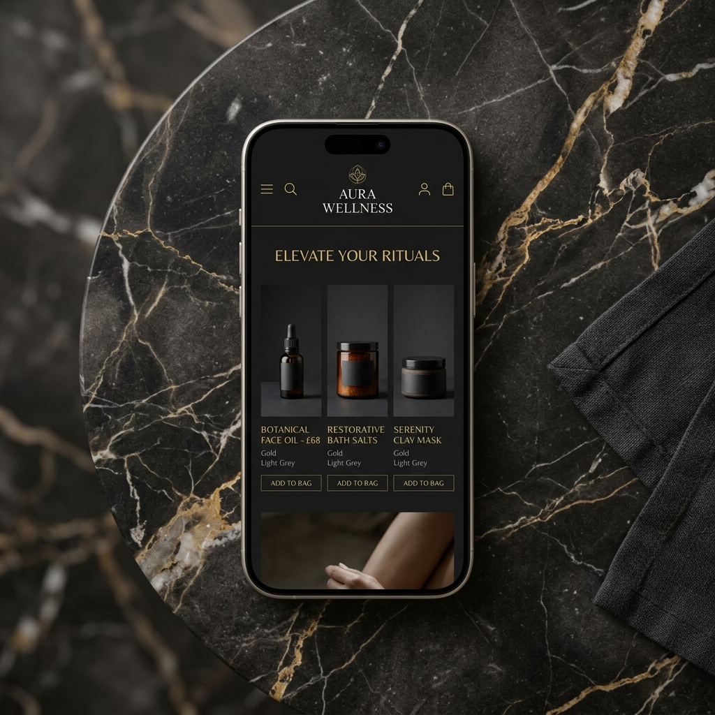E-commerce Aether Wellness en iPhone sobre mármol negro