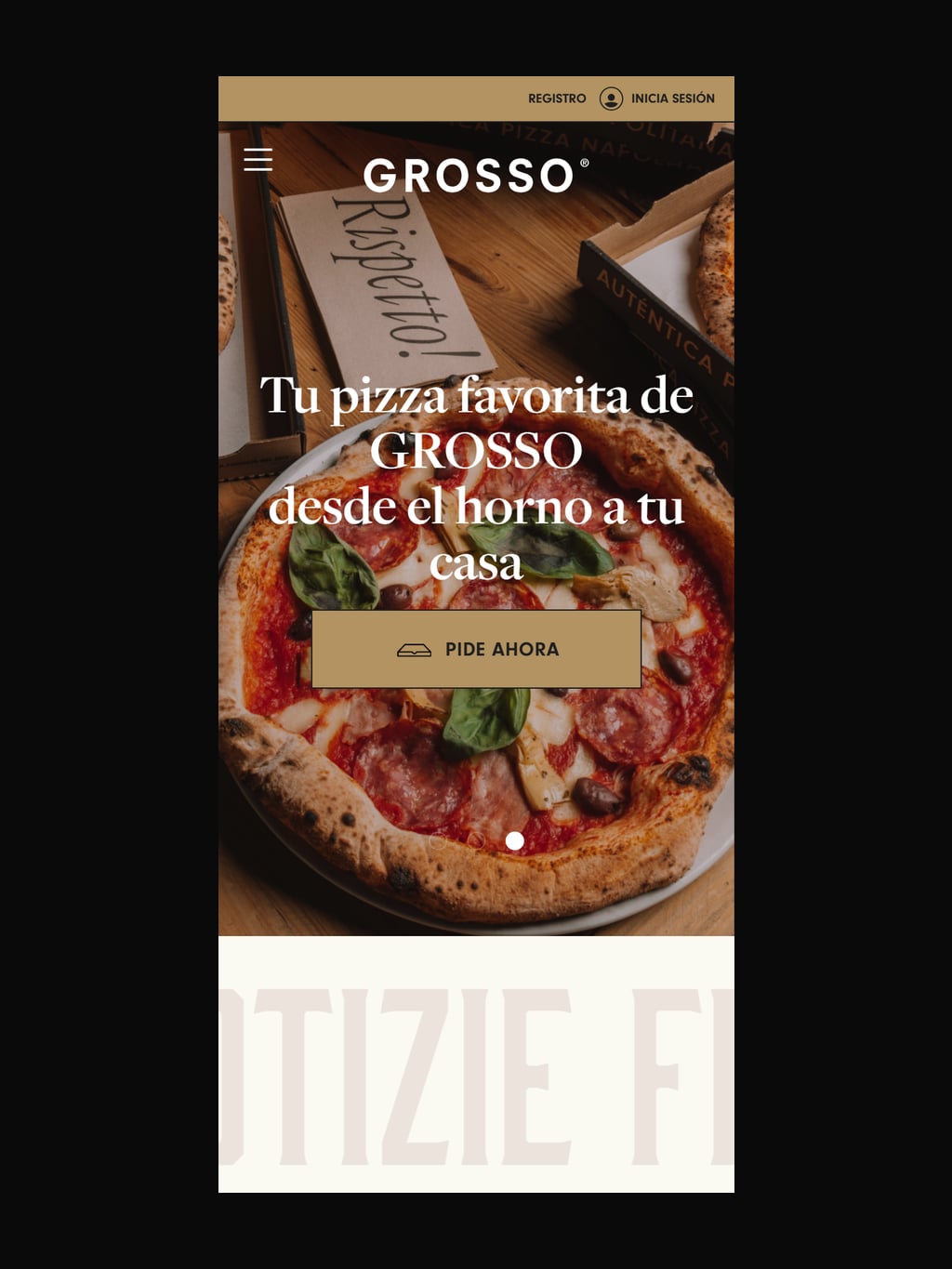 Captura de la web de Grosso Napoletano mostrando pizza napolitana artesanal con botón de pedido online