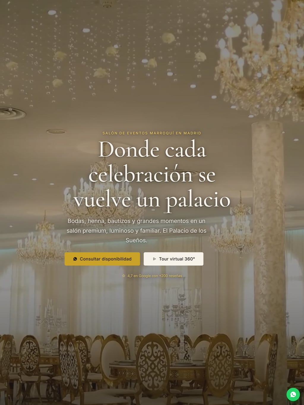 Captura de la web de Kasar Ahlam, salón de eventos marroquí en Madrid, con su hero del salón de cristal y el lema «Donde cada celebración se vuelve un palacio»